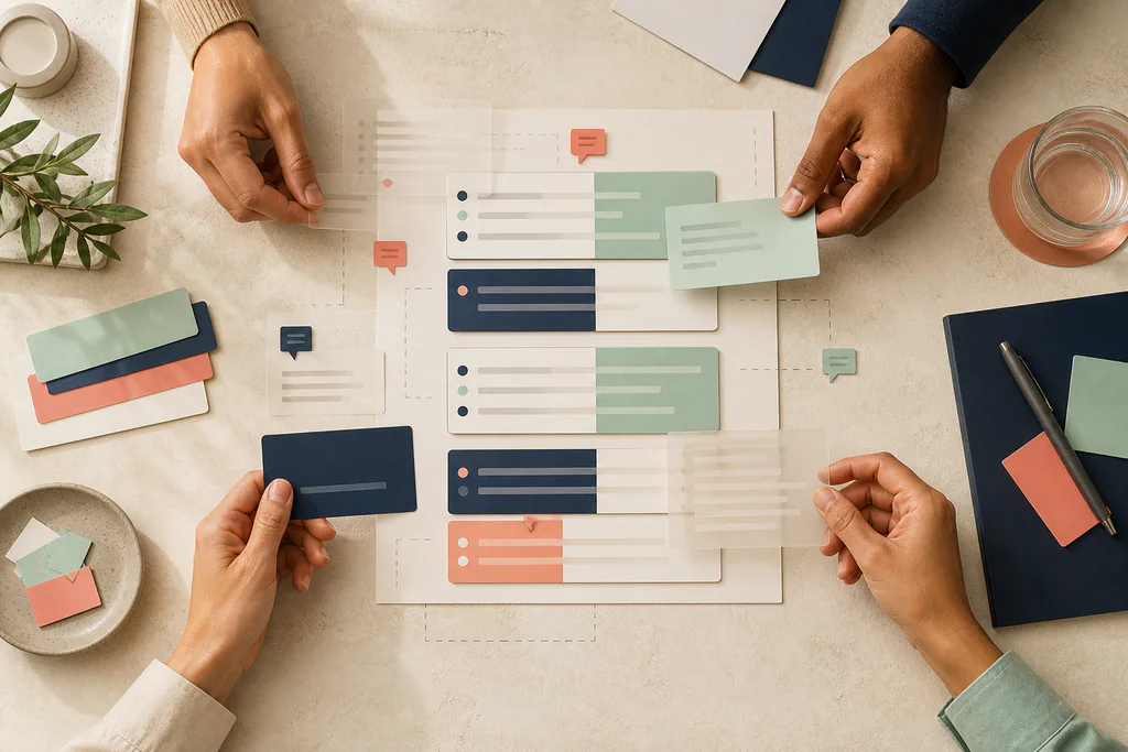 Four reviewers collaborating over layered code cards and comment markers