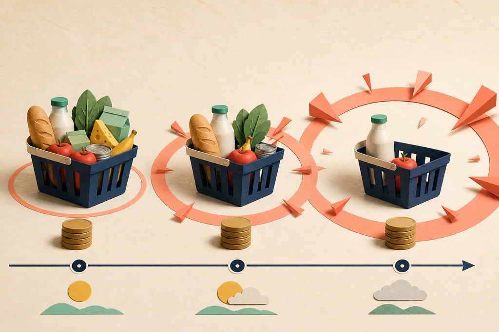 The same coins buying progressively fewer groceries as inflation reduces purchasing power